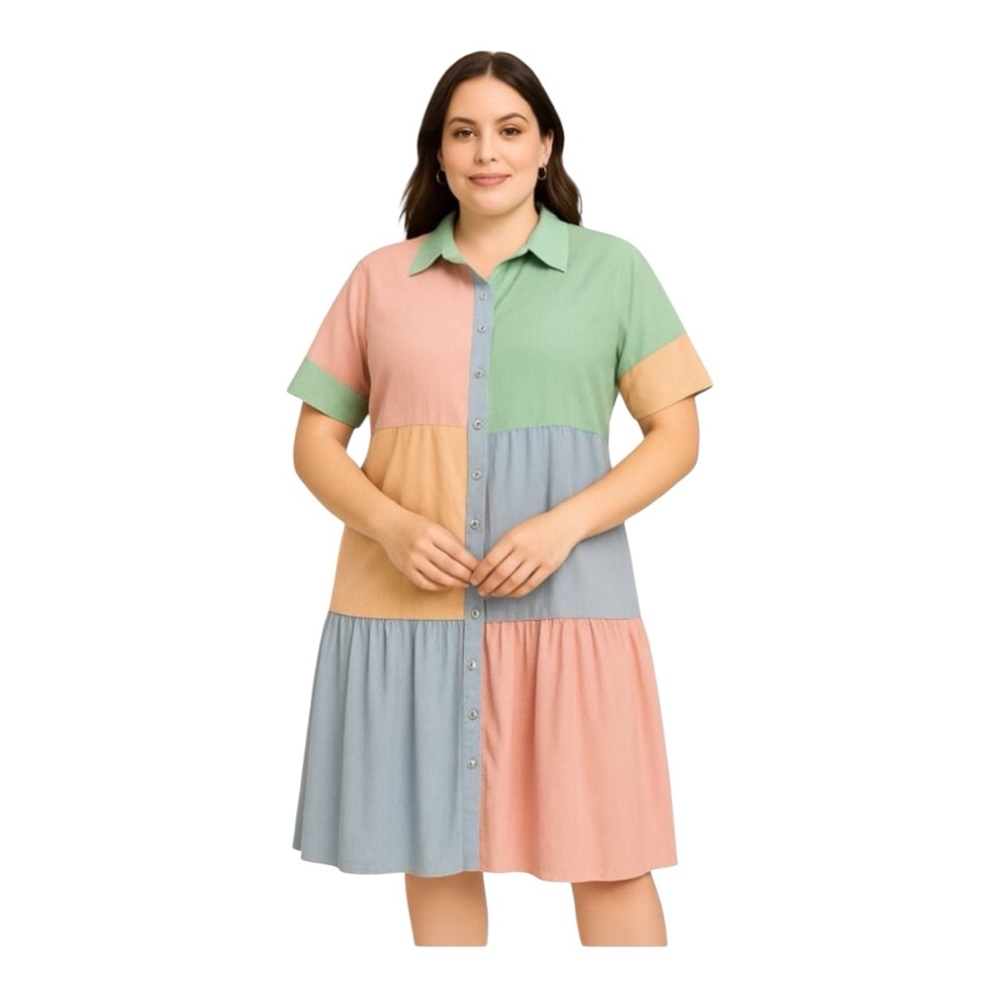 Simplee Plus Size 1X Patchwork Button Front Dress… - image 1